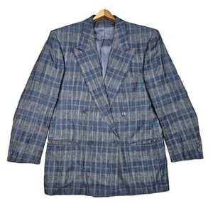 Vtg 80's Hugo Boss Double Breasted Peak Lapel Linen Sport Coat Mens 40S Plaid